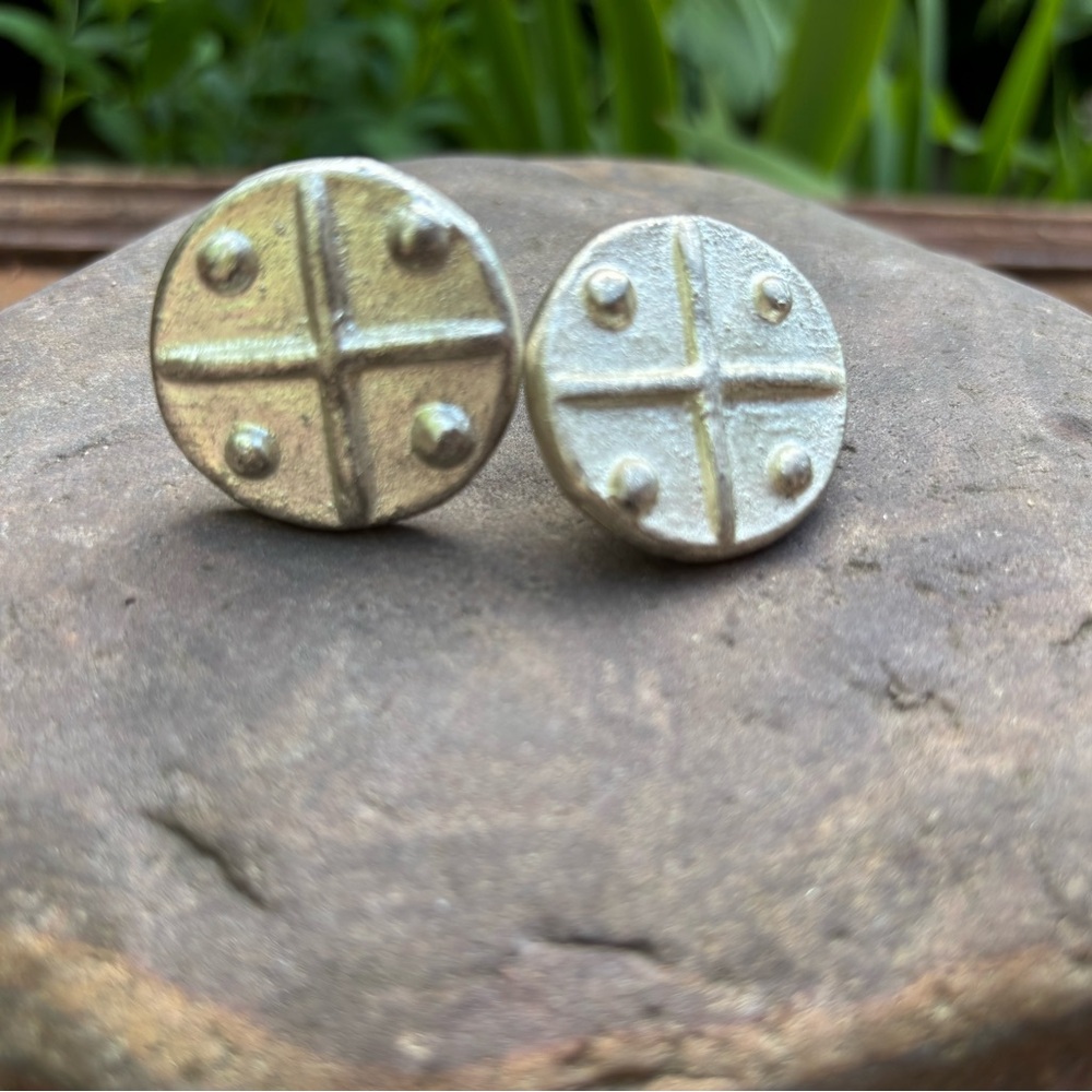 Silver Textured Cross Pattern Earrings, clip on earrings, MCM, shield design